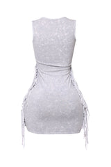 Pale grey mini dress with squared neckline and fringe trim

