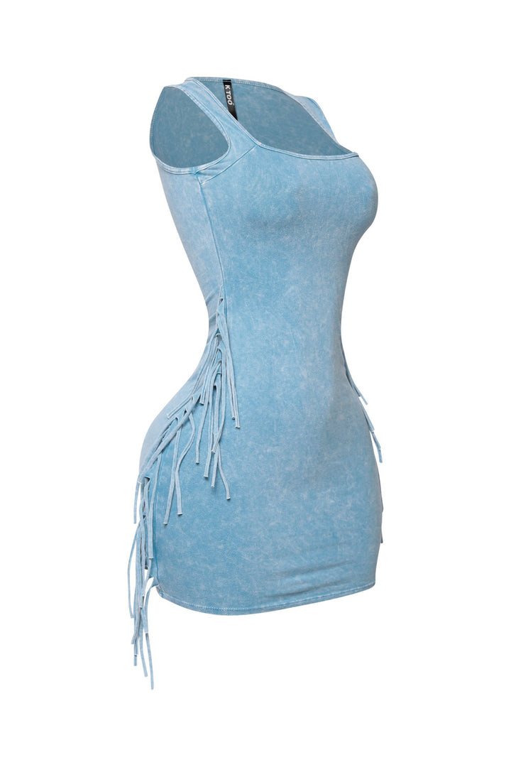 Bodycon blue dress with side tassel trim and vintage wash effect

