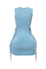 Washed blue fringe dress with fitted silhouette and bold side details

