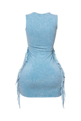 Washed blue fringe dress with fitted silhouette and bold side details

