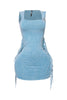 Blue acid wash mini dress with square neckline and side fringe

