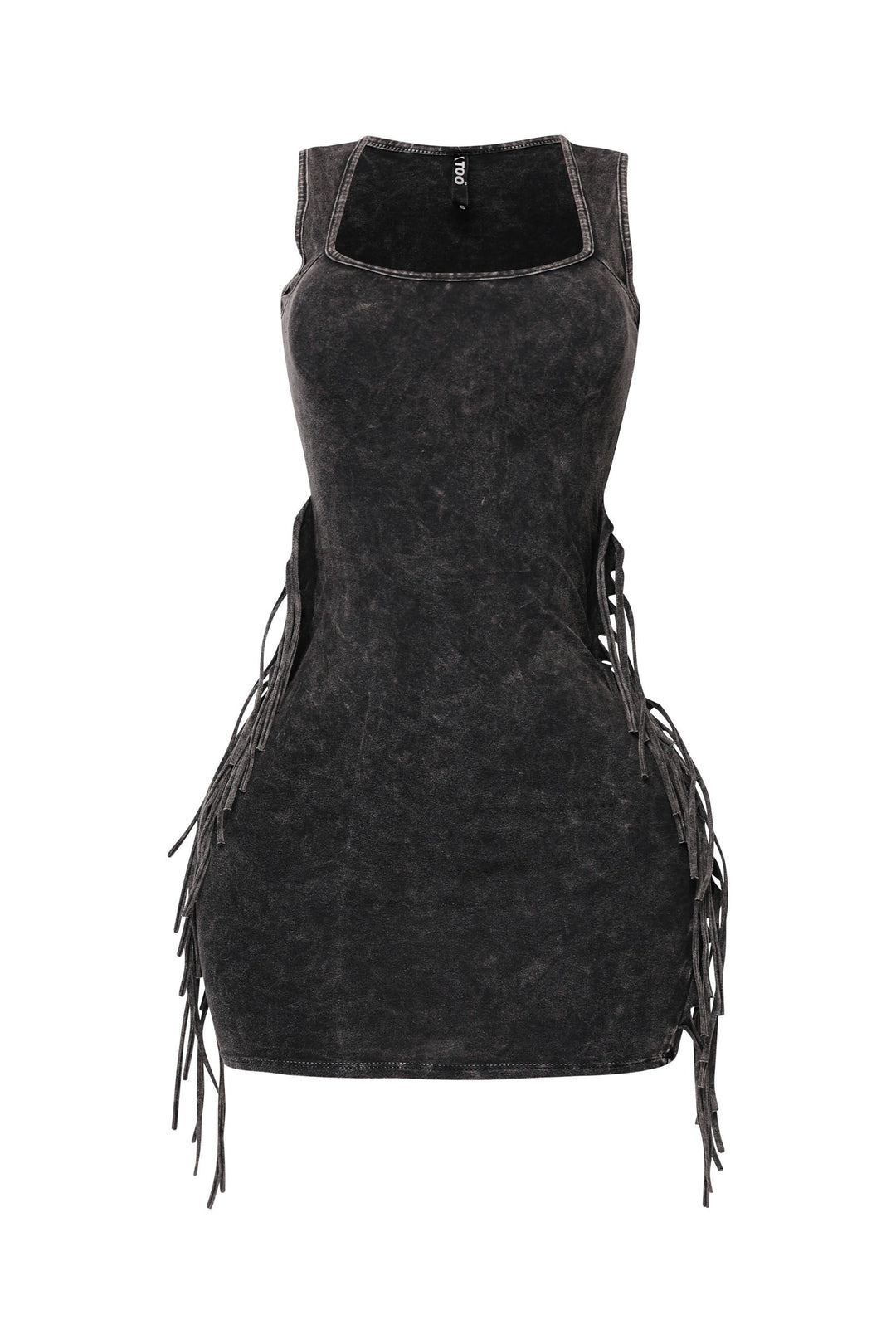 Black acid wash bodycon dress with square neckline and fringe sides

