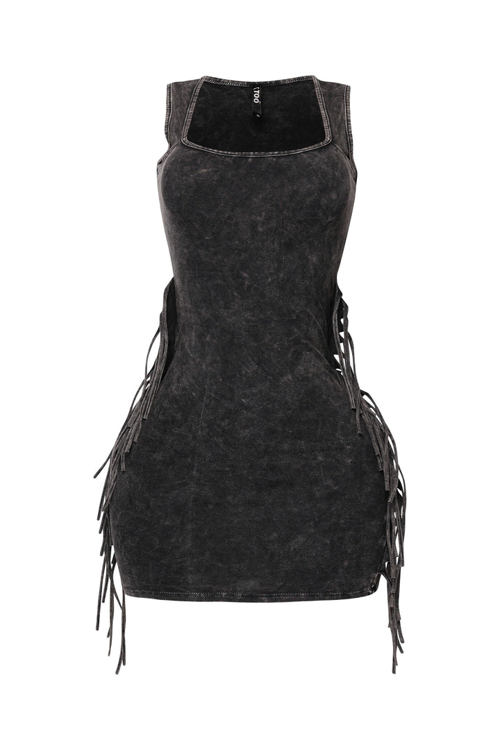 Black acid wash bodycon dress with square neckline and fringe sides

