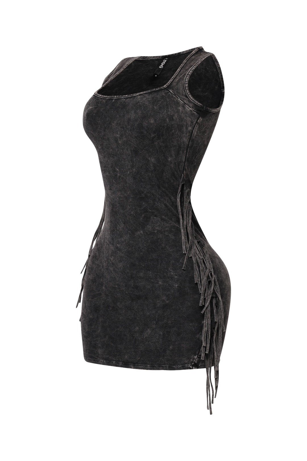 Edgy black fringe dress with raw wash finish and bold style

