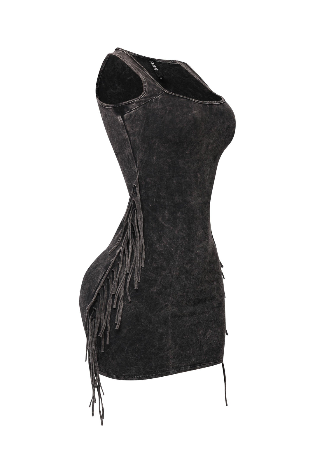 Vintage black mini dress with tassel accents and curve-hugging fit

