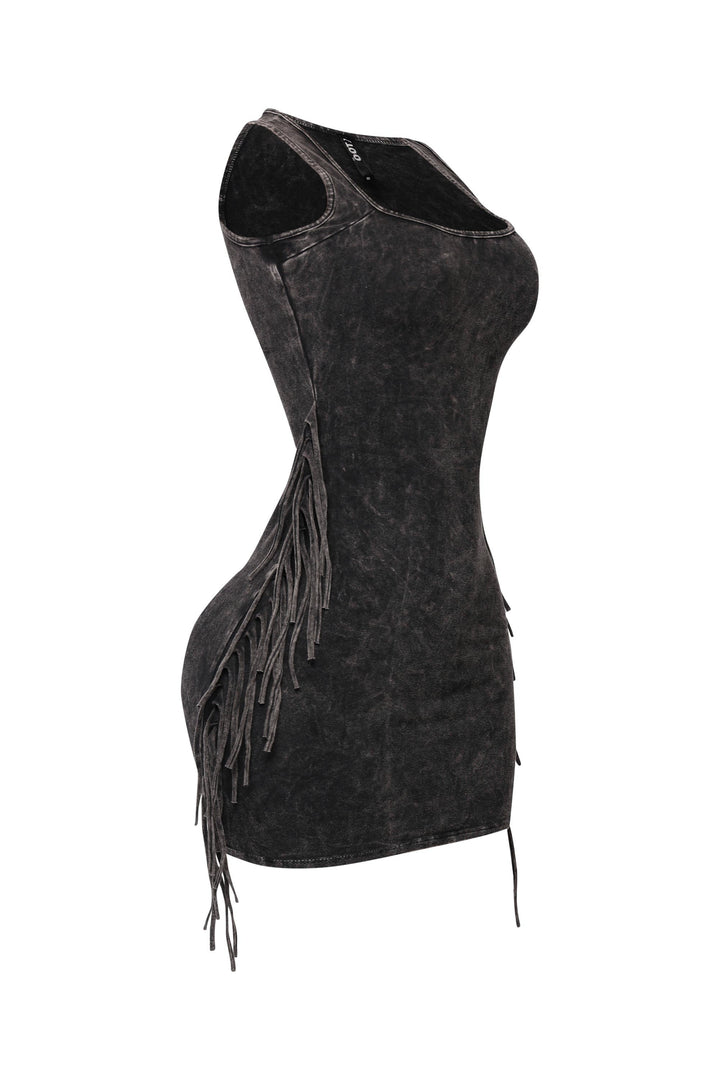 Vintage black mini dress with tassel accents and curve-hugging fit

