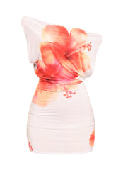 White floral asymmetrical mini dress with orange hibiscus print and relaxed fit top

