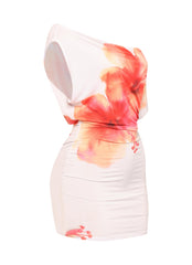 Off-shoulder tropical print mini dress with wide neckline and fitted skirt

