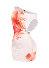 Side angle of white floral mini dress with draped top and body-hugging silhouette

