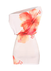 Asymmetrical mini dress with loose top and bold watercolor floral detail

