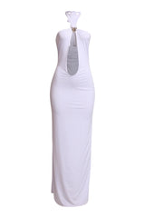 White halter neck maxi dress with front cutout and seashell trim

