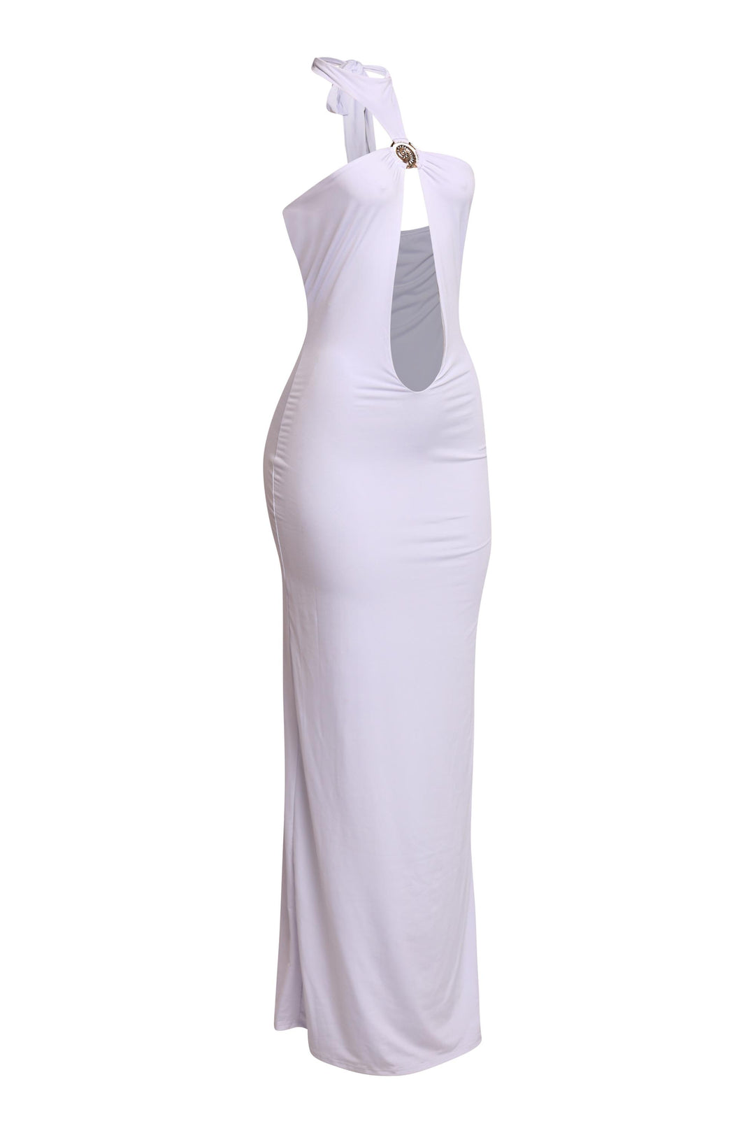 Sleek white cutout dress with star ring detail and pull-on fit

