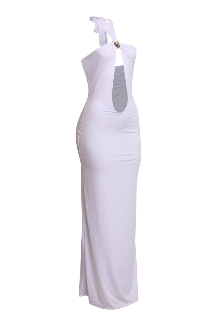 Sleek white cutout dress with star ring detail and pull-on fit


