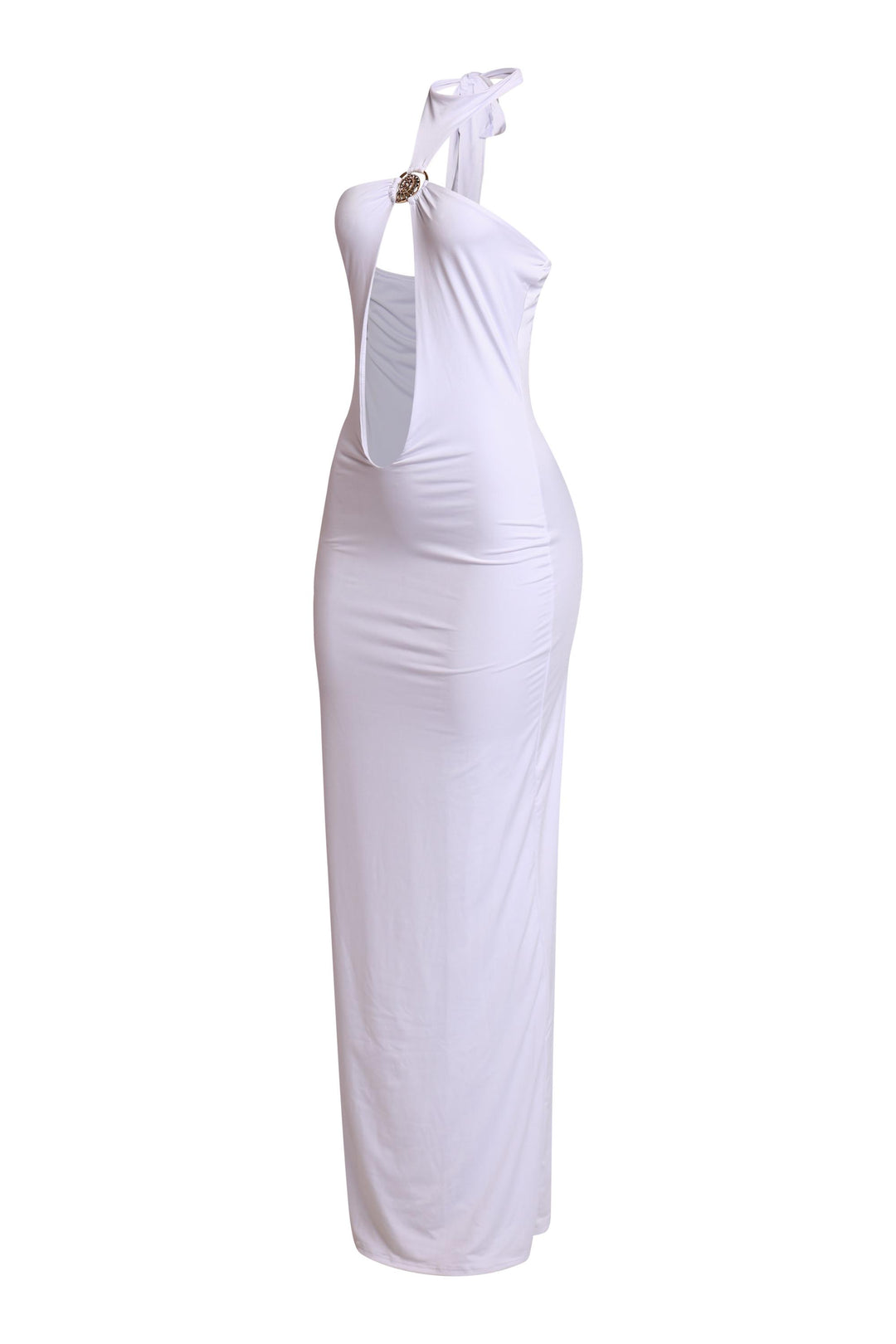 Fitted white summer maxi with open front and tied halter top

