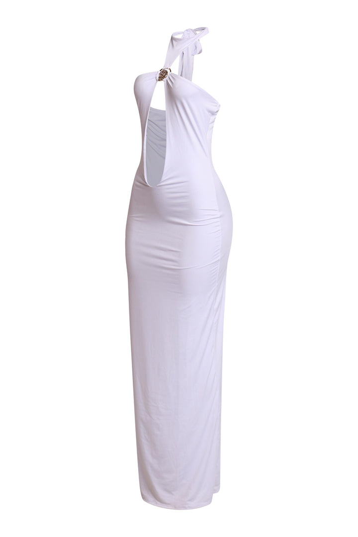 Fitted white summer maxi with open front and tied halter top

