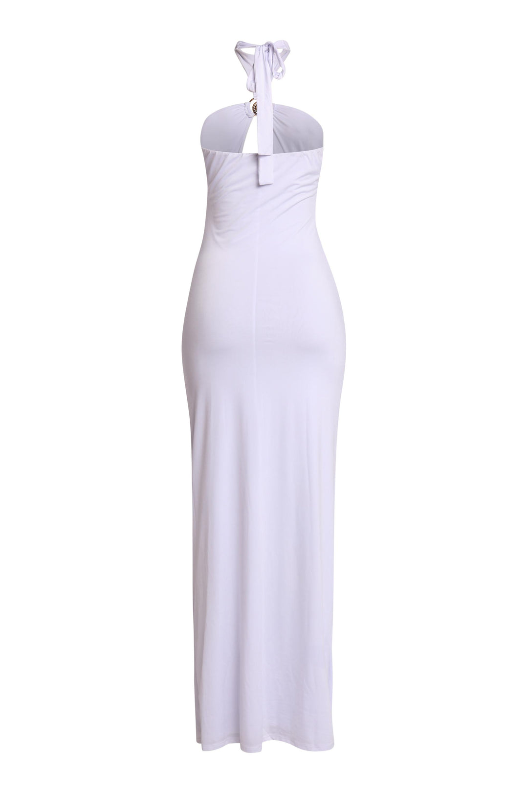 Elegant white halter dress with beachy coastal glam accents

