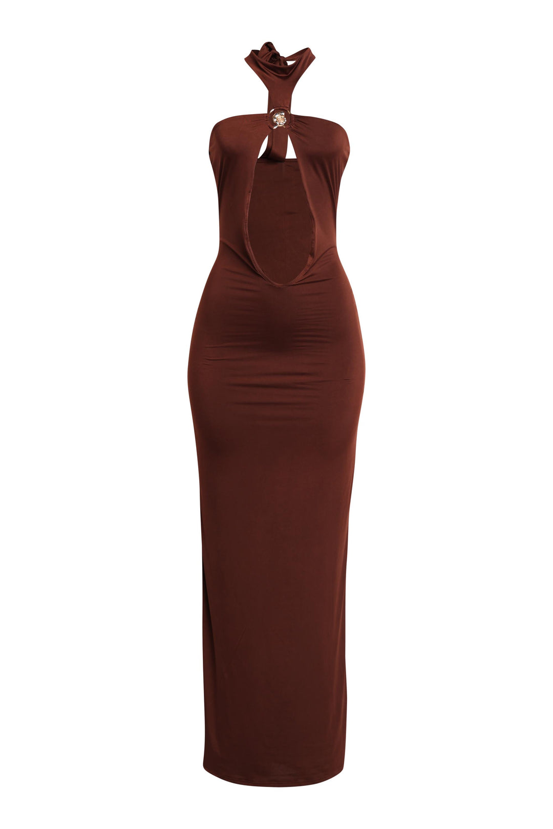 Brown halter maxi dress with seashell ring and front cutout


