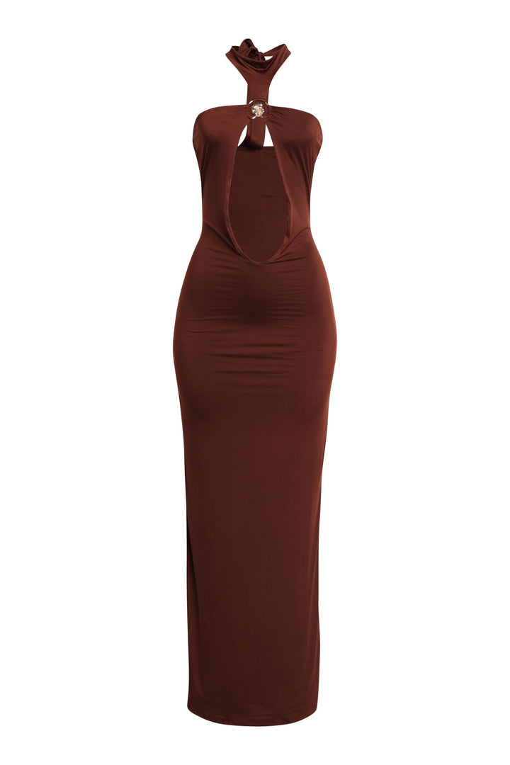 Brown halter maxi dress with seashell ring and front cutout

