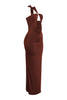 Fitted brown summer dress with coastal trim and tied back

