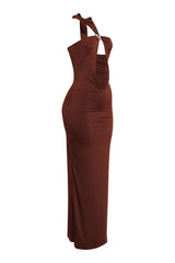 Fitted brown summer dress with coastal trim and tied back

