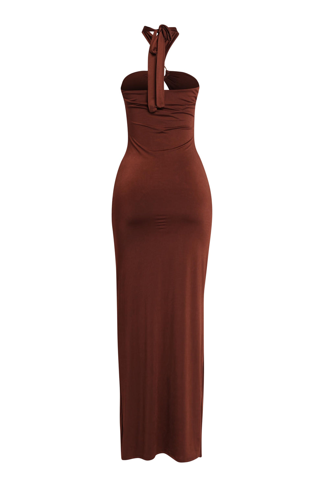 Earthy brown maxi dress featuring open front and halter tie neck

