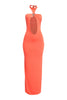 Orange halter maxi dress with seashell ring and front opening

