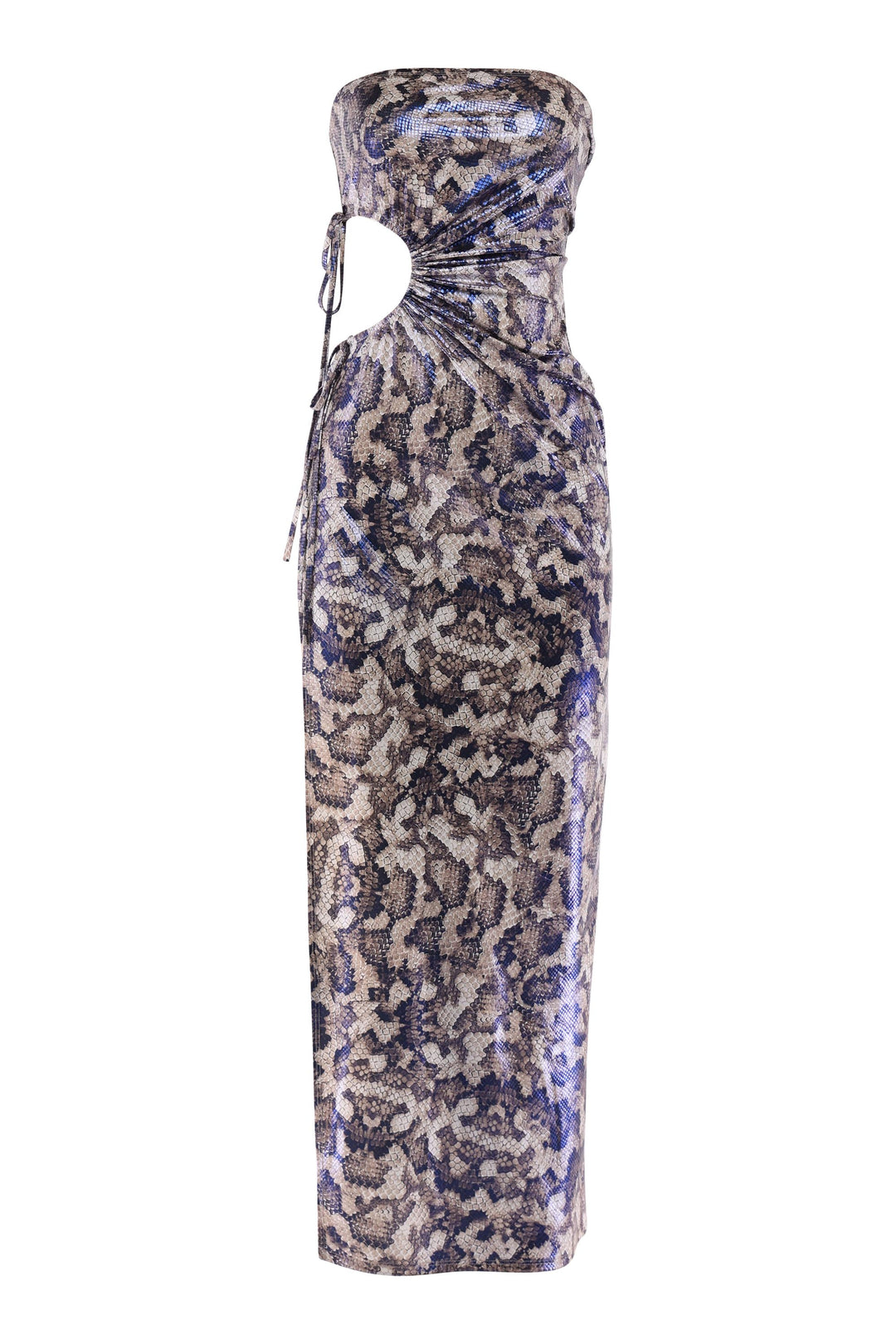 Metallic snake print tube maxi dress with bold side cutout and body-hugging fit
