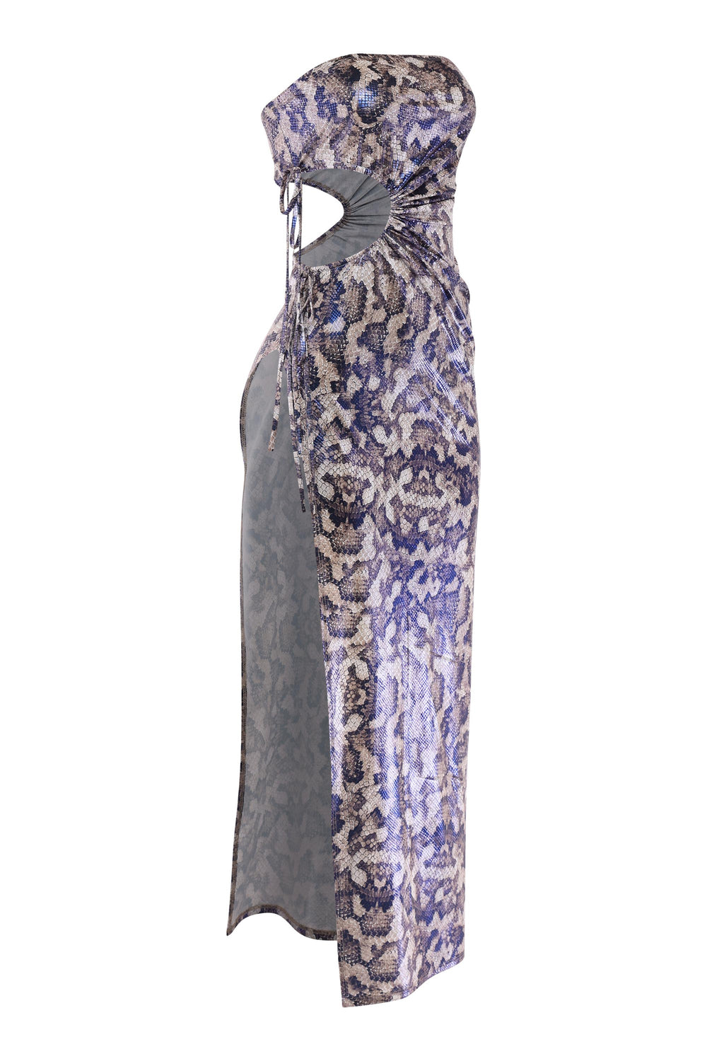 Foiled animal print sleeveless maxi dress with high slit and sculpted silhouette