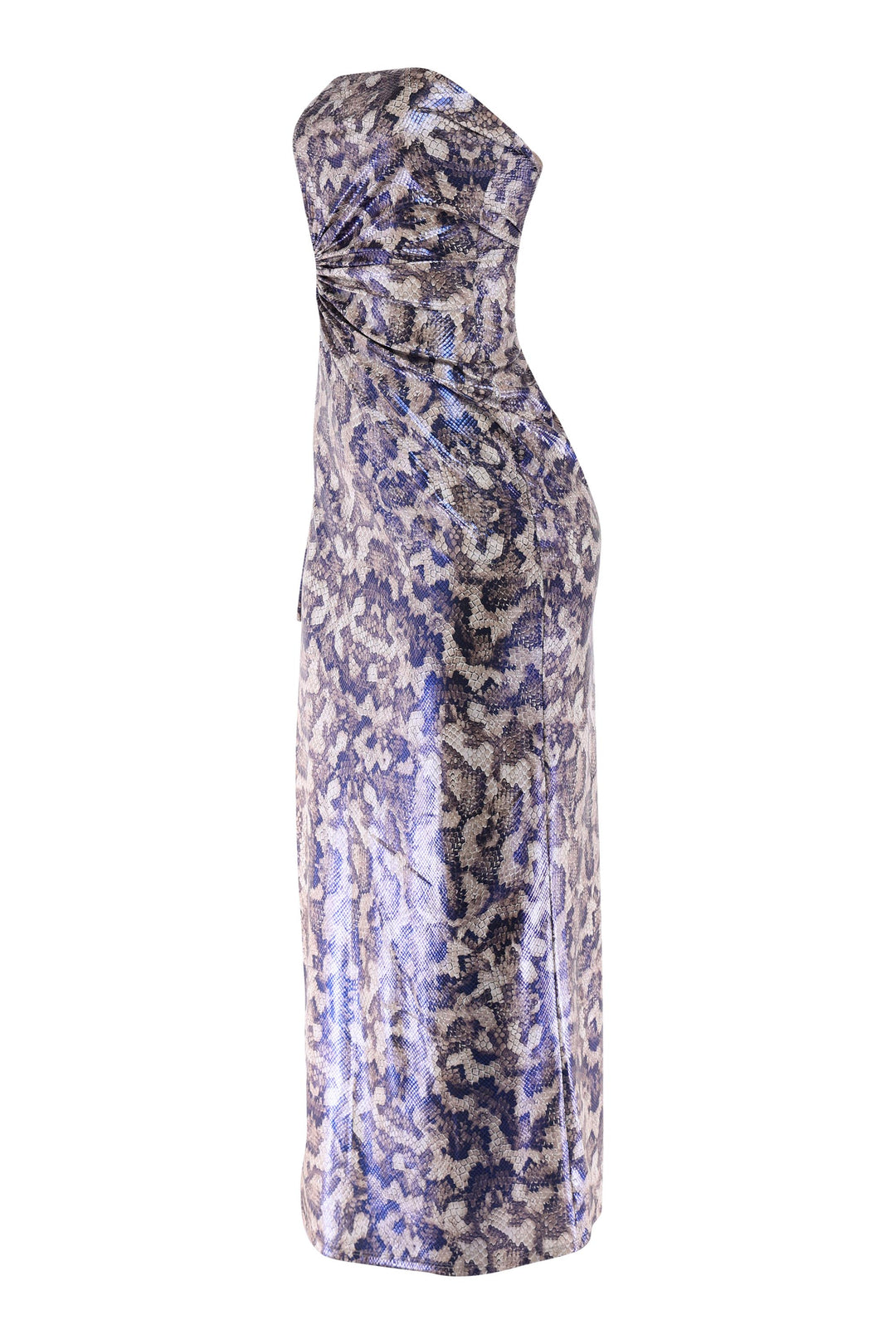 Exotic foil snake print tube dress with open slit and curve-defining fit