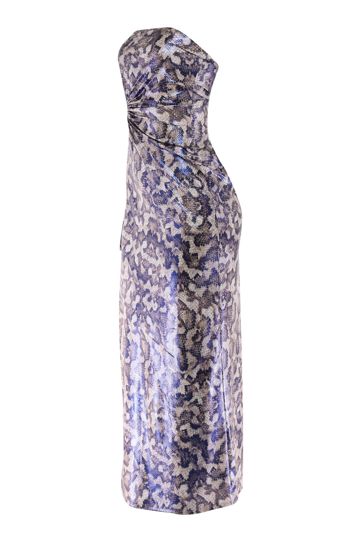 Exotic foil snake print tube dress with open slit and curve-defining fit