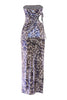 Snake-inspired tube maxi dress with metallic sheen and waist cutout detail