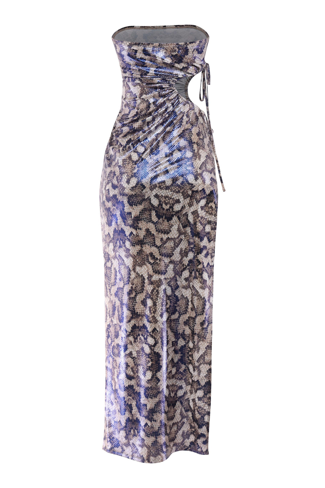 Snake-inspired tube maxi dress with metallic sheen and waist cutout detail