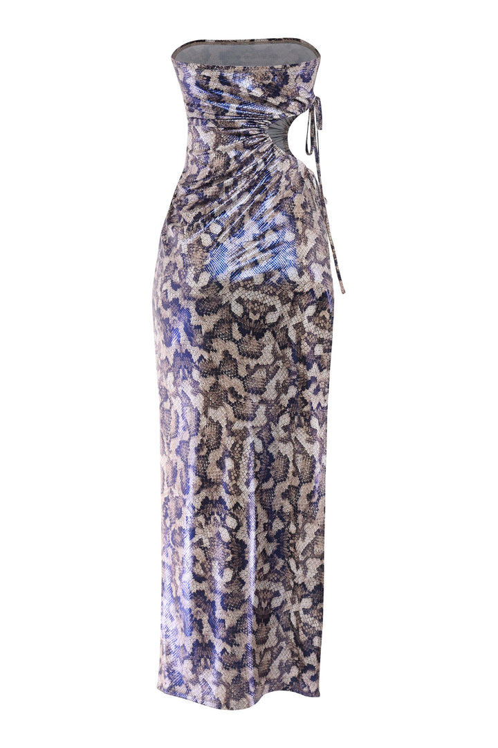 Snake-inspired tube maxi dress with metallic sheen and waist cutout detail