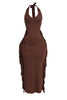 Chocolate brown halter maxi dress with fringe trim and sleek finish

