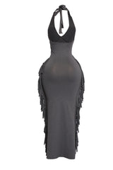 Black sleeveless halter dress with fringe side details and slim cut

