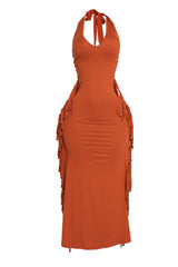 Earthy camel bodycon fringe dress with minimal detailing


