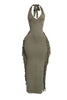 Olive green fringe maxi dress with halter cut and soft stretch finish


