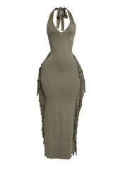 Olive green fringe maxi dress with halter cut and soft stretch finish



