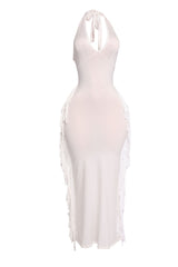 White fringe halter maxi dress with sleek bodycon shape

