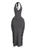 Black fringe halter maxi dress with body-hugging fit and sleek silhouette

