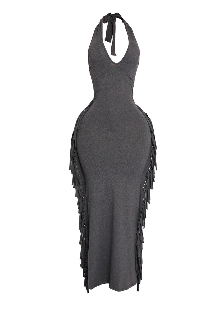 Black fringe halter maxi dress with body-hugging fit and sleek silhouette

