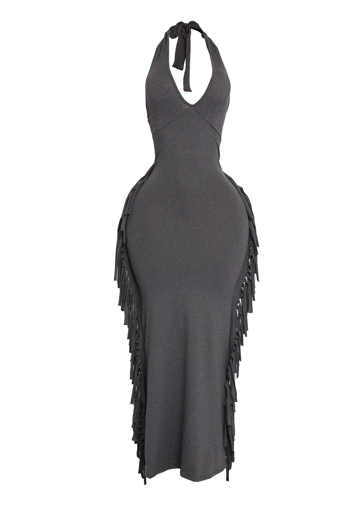 Black fringe halter maxi dress with body-hugging fit and sleek silhouette

