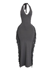 Black fringe halter maxi dress with body-hugging fit and sleek silhouette

