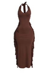 Chocolate brown halter maxi dress with fringe trim and sleek finish

