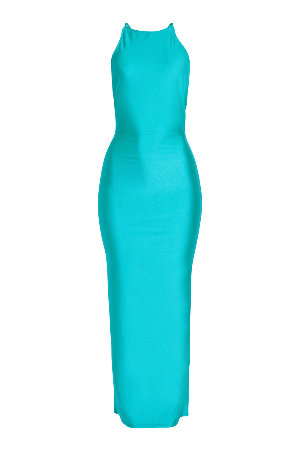 Vibrant green bodycon dress with glossy texture and back slit