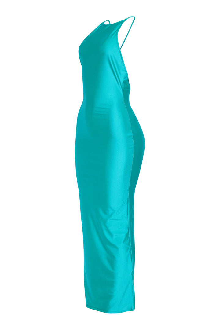 Green open back maxi dress with string tie detail and shine