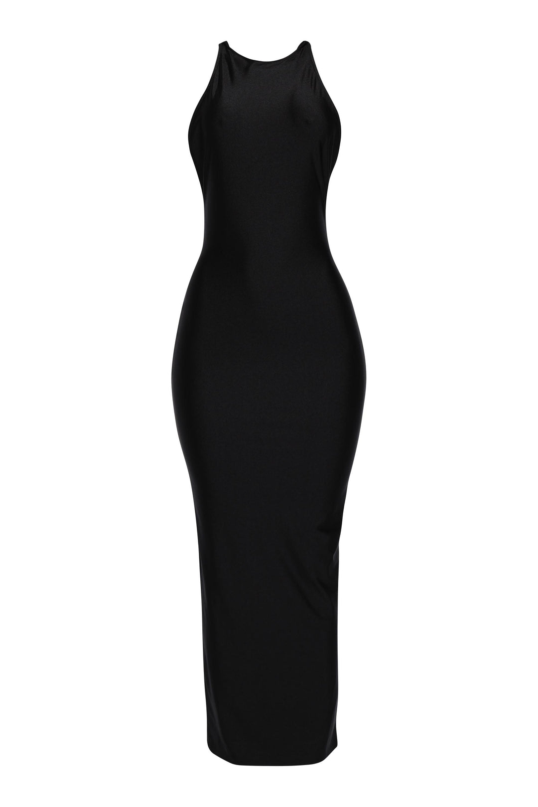 • Black halter maxi dress in shiny nylon with open string back
