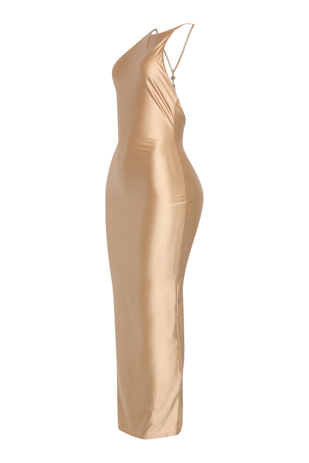 • Nude maxi dress with back slit and sleek silhouette
