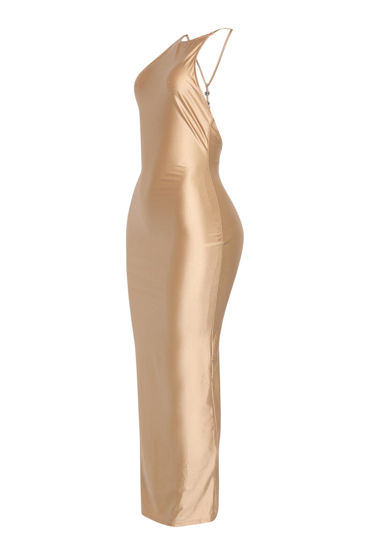 • Nude maxi dress with back slit and sleek silhouette
