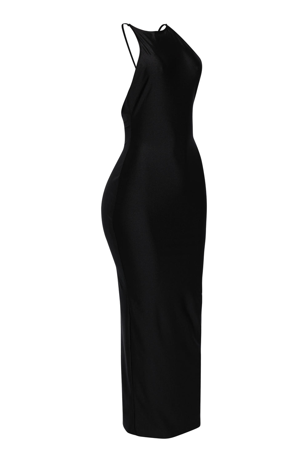 • Sleek black bodycon maxi dress with high stretch and slit detail
